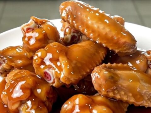 A top-down view of raw chicken wings in a slow cooker topped with smoky peppers, chili powder, and honey.
