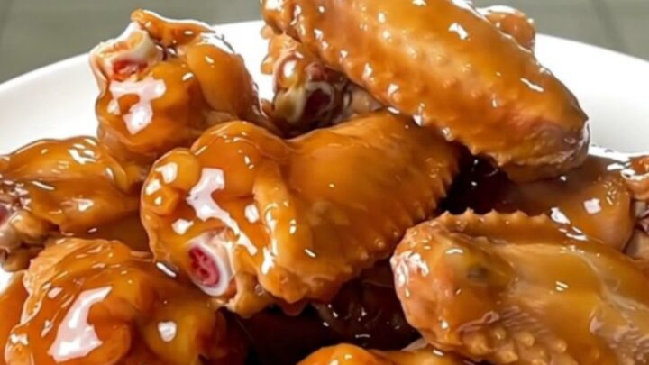 A top-down view of raw chicken wings in a slow cooker topped with smoky peppers, chili powder, and honey.