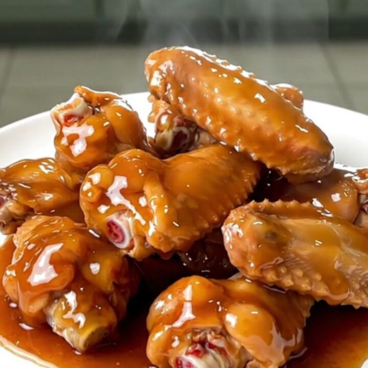 A top-down view of raw chicken wings in a slow cooker topped with smoky peppers, chili powder, and honey.