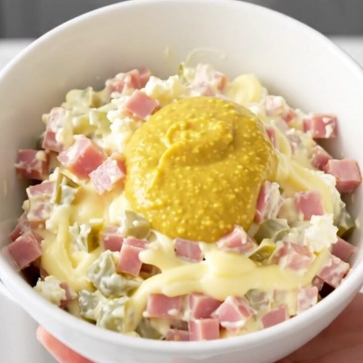 A close-up of the finished Cuban sandwich dip in a white bowl with visible ham and pickle pieces.