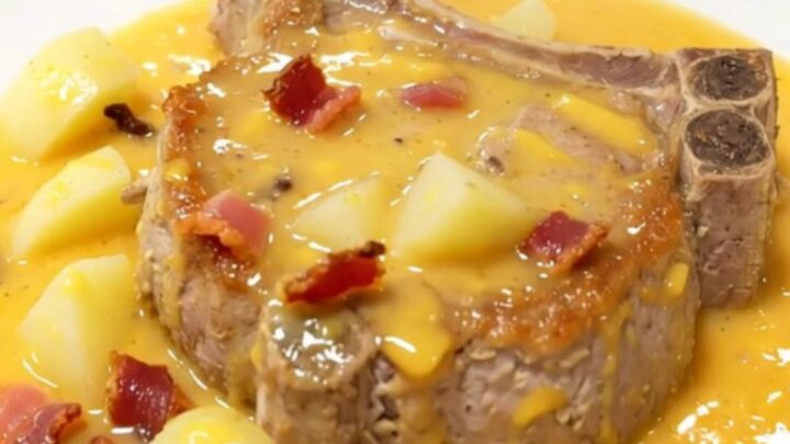 A plate featuring a tender pork chop covered in a creamy cheddar cheese sauce with potatoes and bacon.