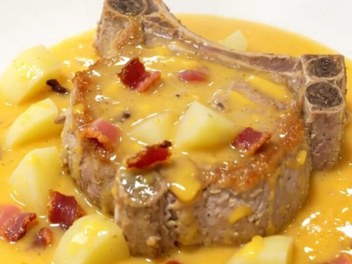 A plate featuring a tender pork chop covered in a creamy cheddar cheese sauce with potatoes and bacon.