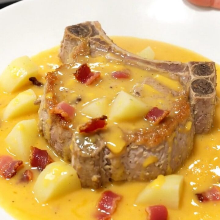 A plate featuring a tender pork chop covered in a creamy cheddar cheese sauce with potatoes and bacon.