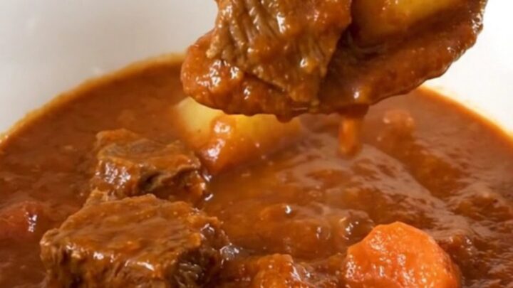 A close-up of a rustic bowl filled with hearty beef stew featuring chunks of tender beef, carrots