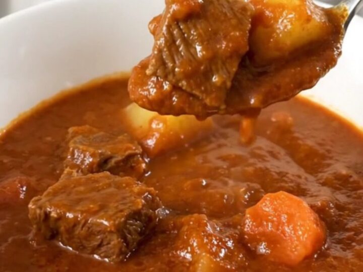 A close-up of a rustic bowl filled with hearty beef stew featuring chunks of tender beef, carrots