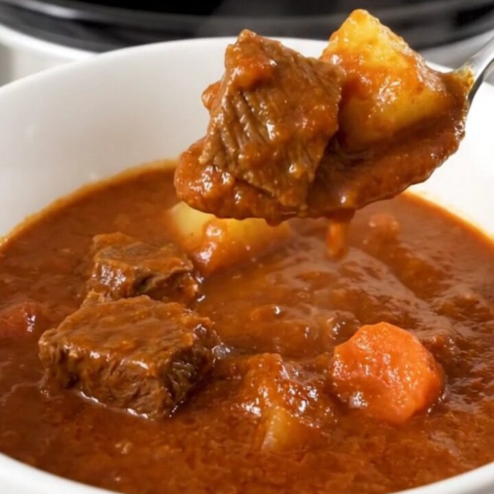 A close-up of a rustic bowl filled with hearty beef stew featuring chunks of tender beef, carrots