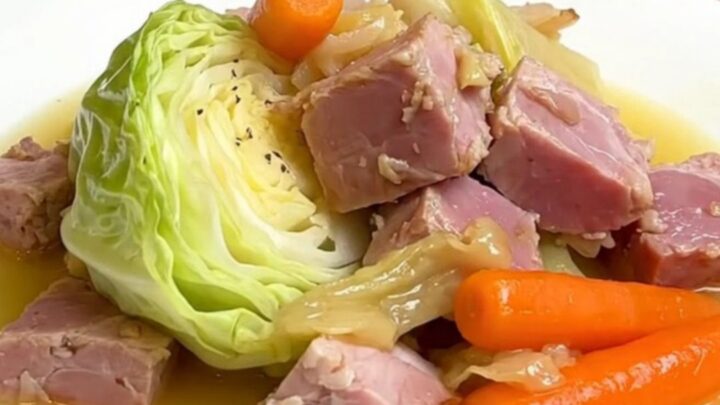 A warm, rustic bowl of slow-cooked ham, tender cabbage wedges, and bright orange carrots in a savory broth.