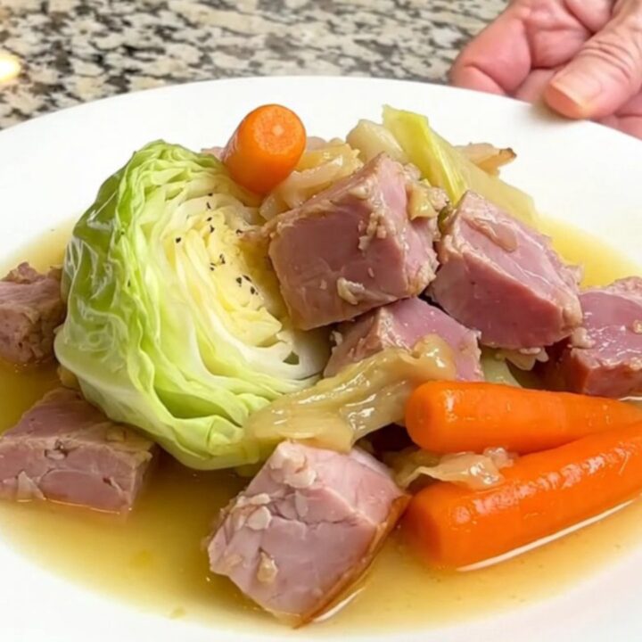 A warm, rustic bowl of slow-cooked ham, tender cabbage wedges, and bright orange carrots in a savory broth.