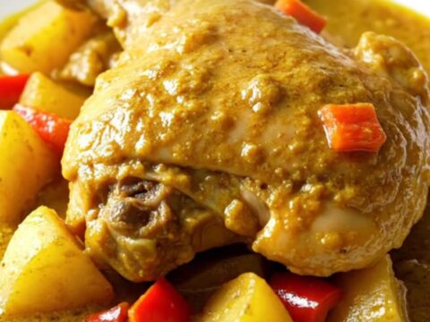 A close-up of a bowl filled with tender chicken thighs, chunks of potato, and red peppers in a thick, golden curry sauce.