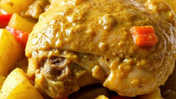 A close-up of a bowl filled with tender chicken thighs, chunks of potato, and red peppers in a thick, golden curry sauce.