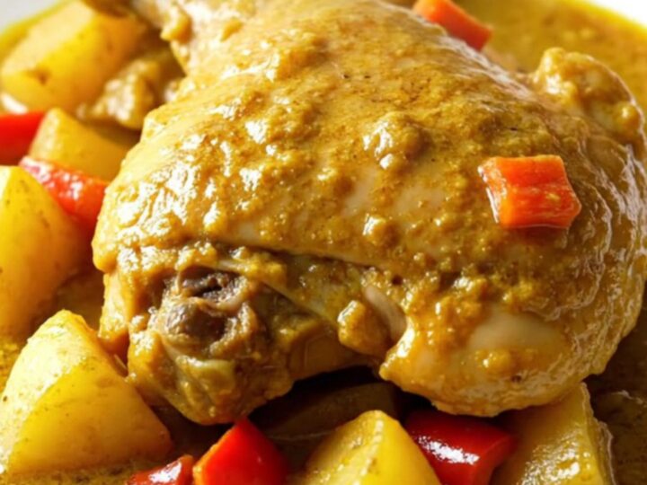 A close-up of a bowl filled with tender chicken thighs, chunks of potato, and red peppers in a thick, golden curry sauce.