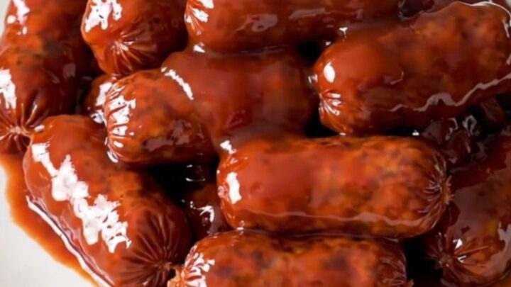 A slow cooker filled with mini smoked sausages coated in a glossy grape jelly and chili sauce.