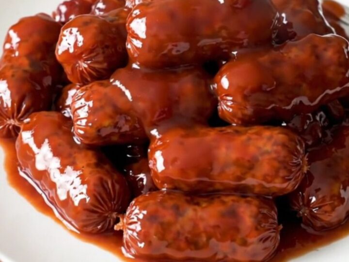 A slow cooker filled with mini smoked sausages coated in a glossy grape jelly and chili sauce.