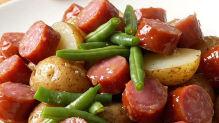 Close-up view of the finished lemon pepper kielbasa, green beans, and potatoes in a slow cooker.