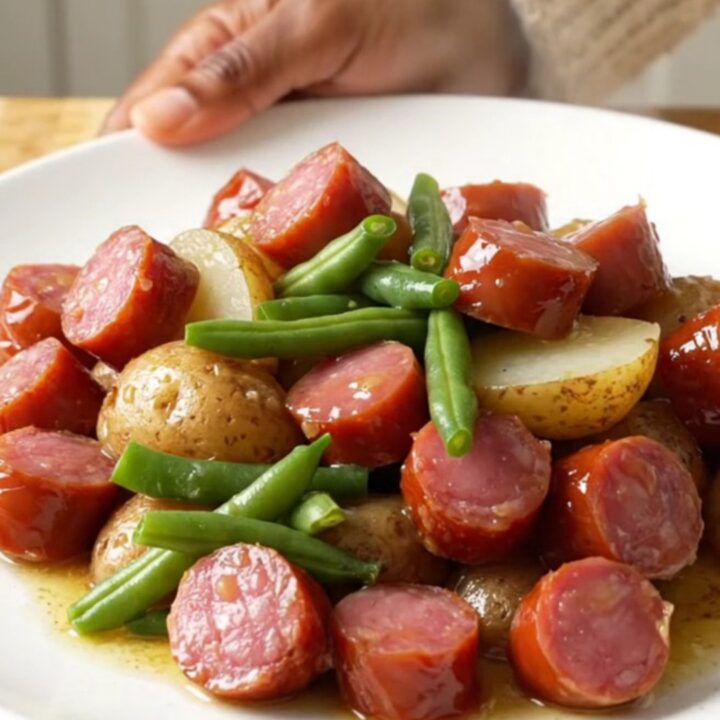 Close-up view of the finished lemon pepper kielbasa, green beans, and potatoes in a slow cooker.