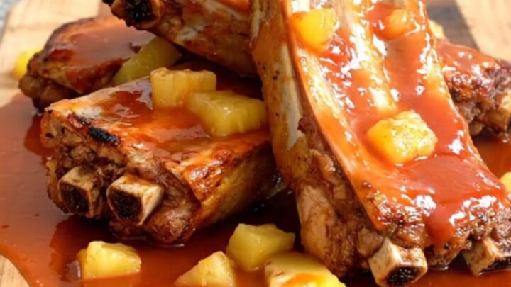 A close-up of slow-cooked Hawaiian spareribs with pineapple pieces coated in a glossy, thick, dark brown sauce.