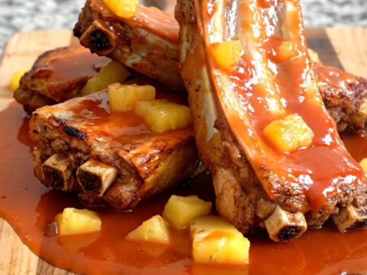 A close-up of slow-cooked Hawaiian spareribs with pineapple pieces coated in a glossy, thick, dark brown sauce.