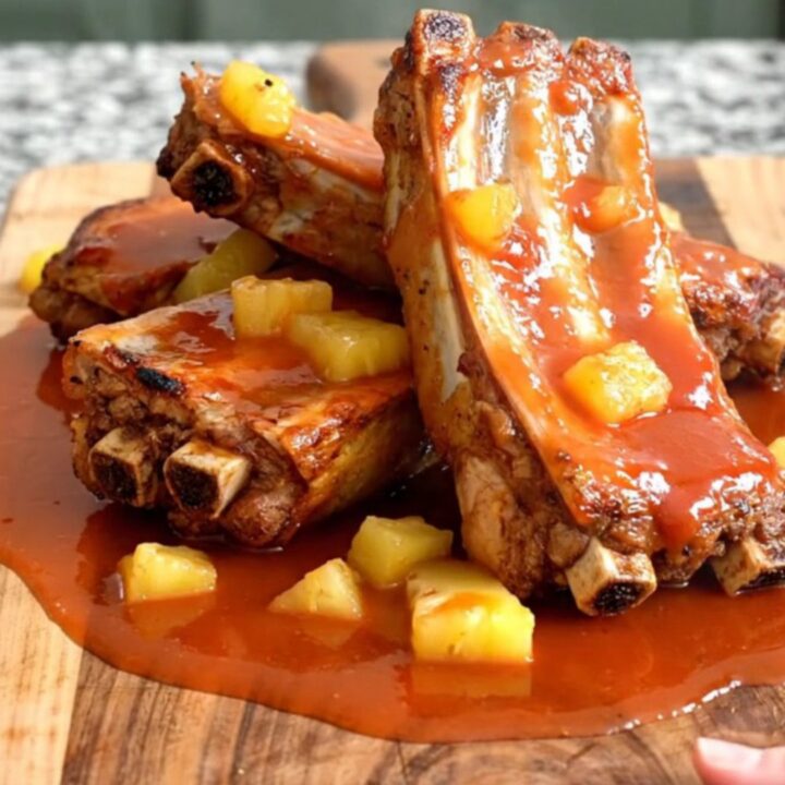 A close-up of slow-cooked Hawaiian spareribs with pineapple pieces coated in a glossy, thick, dark brown sauce.