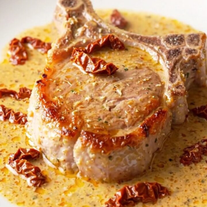 A close-up of tender, creamy pork chops in a slow cooker with sun-dried tomatoes and parmesan.