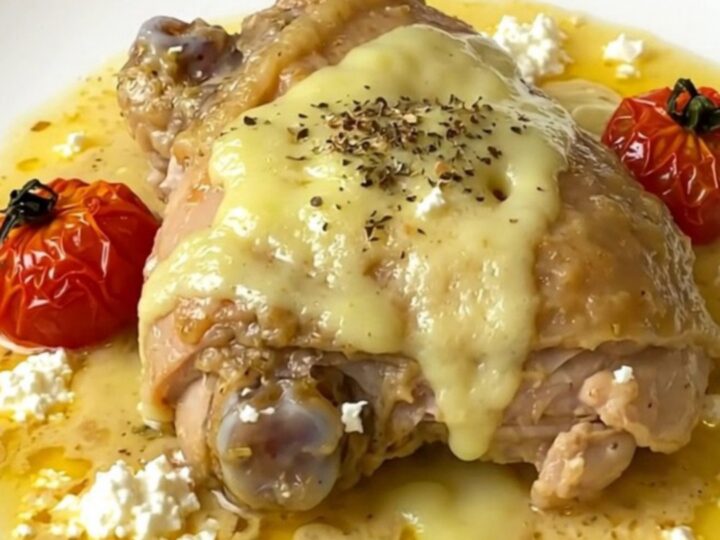 A top-down view of six raw chicken thighs arranged in a black slow cooker with tomatoes and a block of feta.