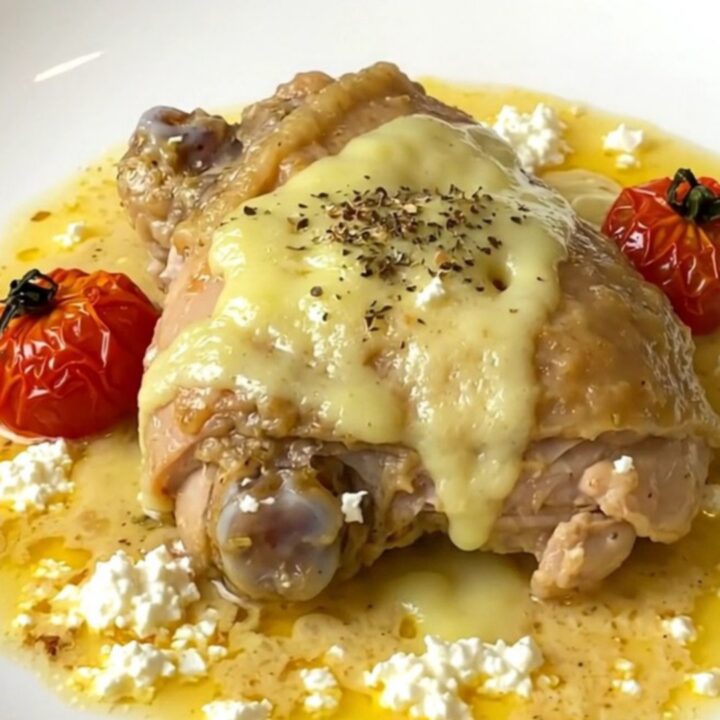 A top-down view of six raw chicken thighs arranged in a black slow cooker with tomatoes and a block of feta.