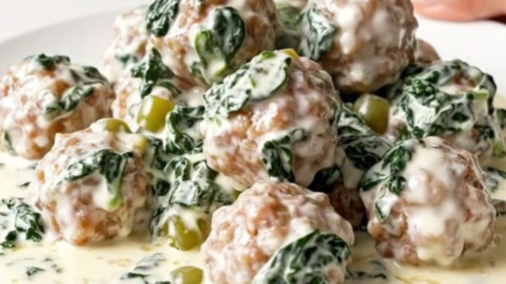 A slow cooker filled with creamy white queso meatballs, spinach, and green chiles on a speckled quartz countertop.