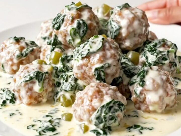 A slow cooker filled with creamy white queso meatballs, spinach, and green chiles on a speckled quartz countertop.