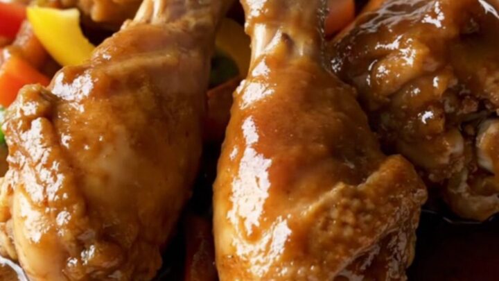 A close-up of tender Jamaican brown stew chicken with dark gravy in a slow cooker.