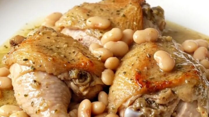 A slow cooker filled with creamy chicken thighs and butter beans in a rich garlic sauce.