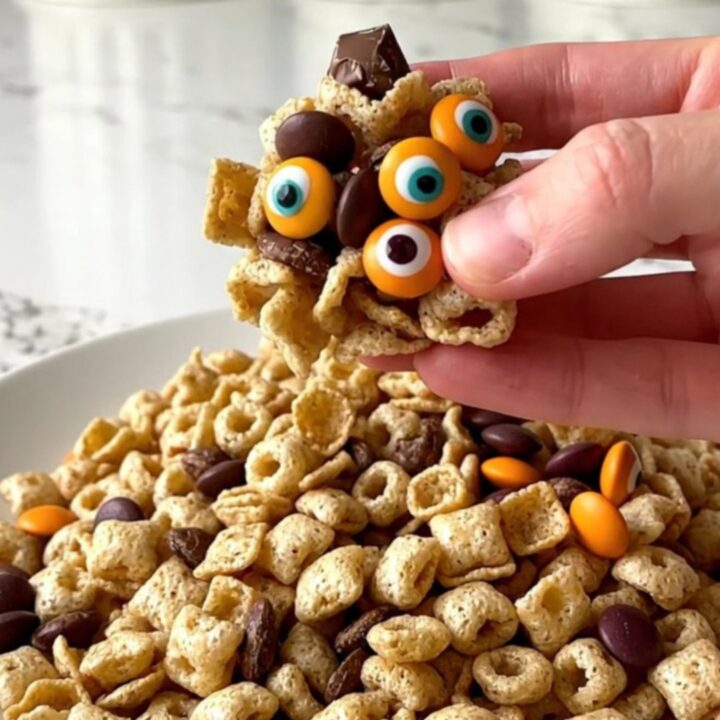 A colorful monster snack mix served in a white bowl with orange and purple candies visible.