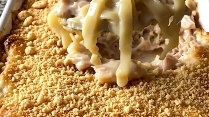 A top-down view of a golden, bubbly chicken and noodle bake in a white ceramic dish.