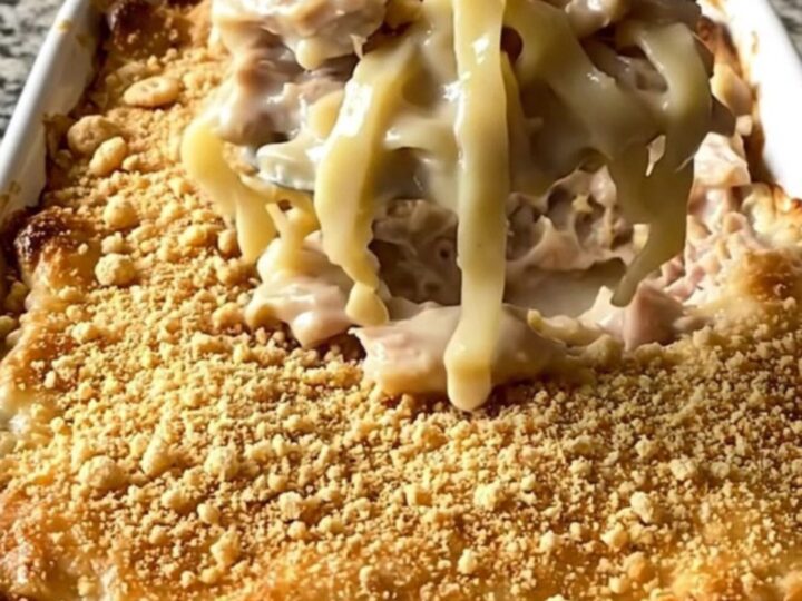 A top-down view of a golden, bubbly chicken and noodle bake in a white ceramic dish.