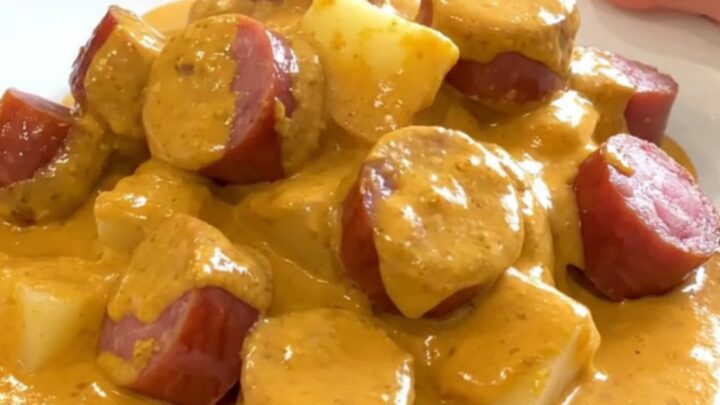 A top-down view of a slow cooker filled with kielbasa, potatoes, and a creamy cheese sauce, ready to be served.