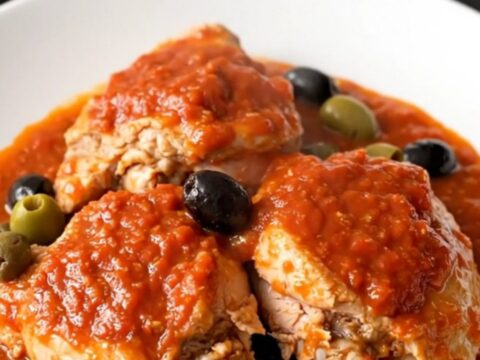 A top-down view of a black slow cooker filled with raw chicken thighs and a rich tomato sauce with olives.