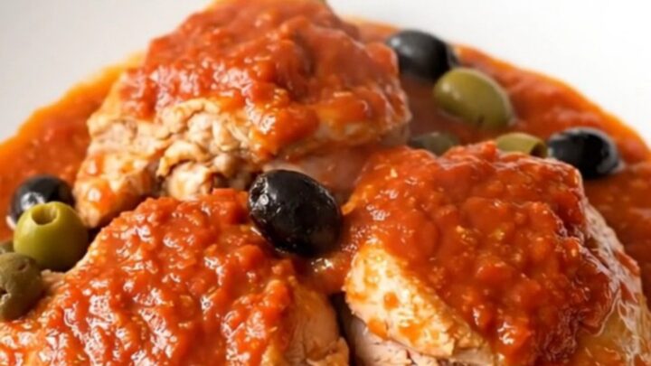 A top-down view of a black slow cooker filled with raw chicken thighs and a rich tomato sauce with olives.