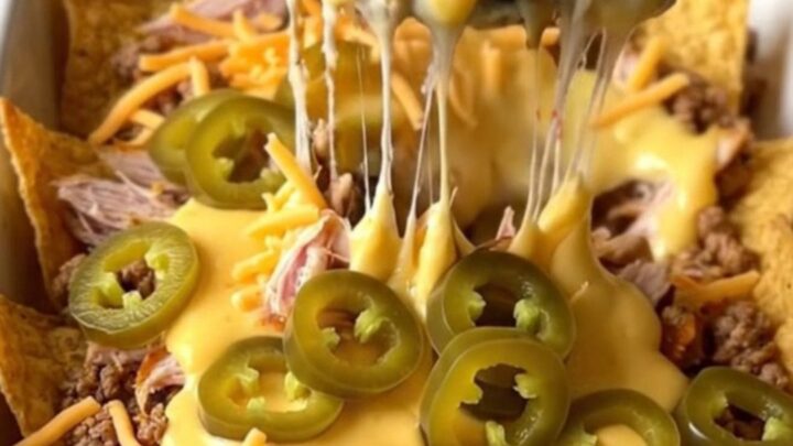 A top-down view of a rectangular baking dish filled with tortilla chips, seasoned turkey, queso, and jalapenos.