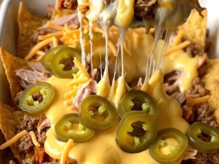A top-down view of a rectangular baking dish filled with tortilla chips, seasoned turkey, queso, and jalapenos.