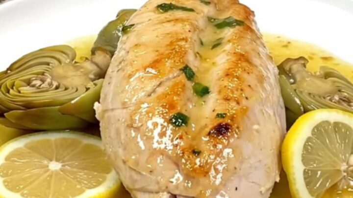A plate of tender braised chicken breast topped with soft artichokes and lemon slices in a savory sauce.