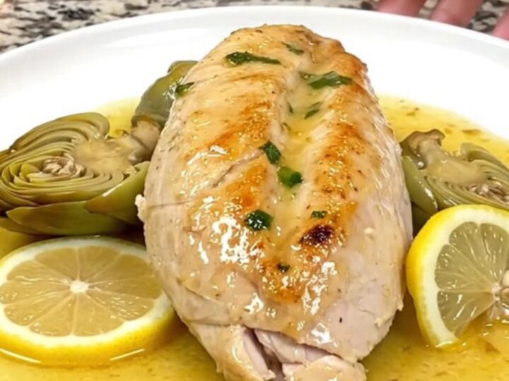 A plate of tender braised chicken breast topped with soft artichokes and lemon slices in a savory sauce.