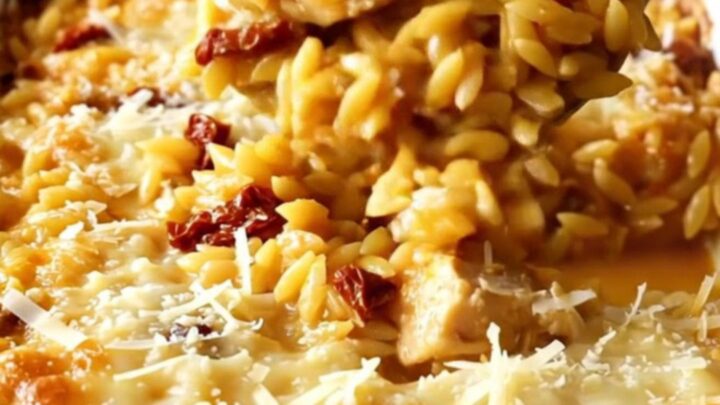 A top-down view of a creamy Chicken Orzo Bake in a ceramic dish, golden and bubbly.