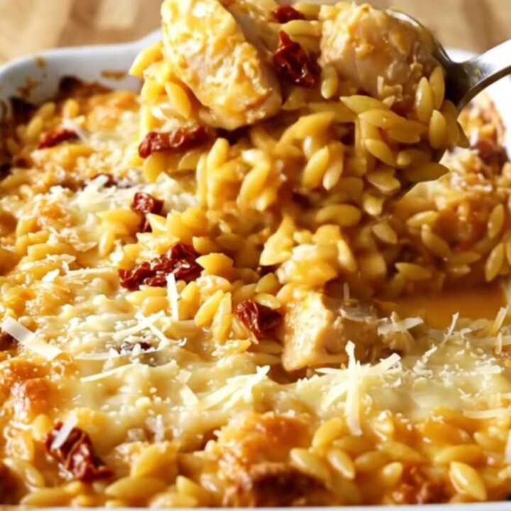 A top-down view of a creamy Chicken Orzo Bake in a ceramic dish, golden and bubbly.