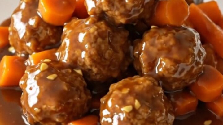 A close-up view of Mongolian beef meatballs glazed in a dark, glossy sauce with shredded carrots in a slow cooker.