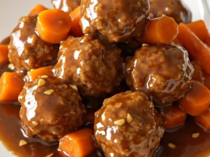 A close-up view of Mongolian beef meatballs glazed in a dark, glossy sauce with shredded carrots in a slow cooker.