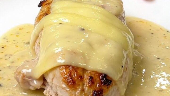 A close-up of tender chicken breasts topped with melted Swiss cheese in a creamy sauce.