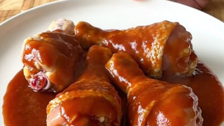A close-up view of cooked chicken drumsticks in a slow cooker, coated in a thick, glossy red honey gochujang sauce.