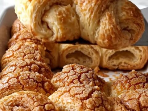A top-down view of twisted raw crescent roll dough strips arranged in a white ceramic dish on a quartz countertop.