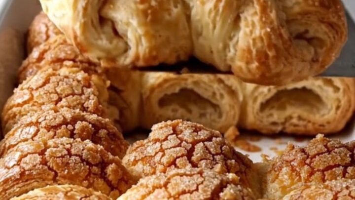A top-down view of twisted raw crescent roll dough strips arranged in a white ceramic dish on a quartz countertop.