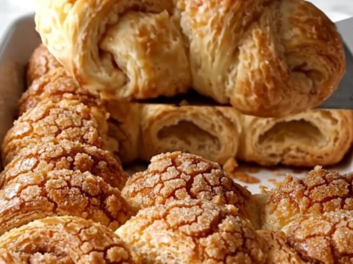 A top-down view of twisted raw crescent roll dough strips arranged in a white ceramic dish on a quartz countertop.
