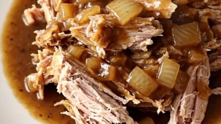 A warm, comforting bowl of ground turkey in a thick, savory brown gravy with soft onions, ready to eat.