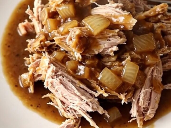 A warm, comforting bowl of ground turkey in a thick, savory brown gravy with soft onions, ready to eat.